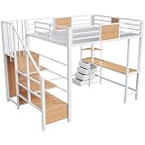 Azkoeesy Letto Soppalco Matrimoniale 140x200 cm Scrivania, 4 Cassetti, Prese, Armadio, Sca...