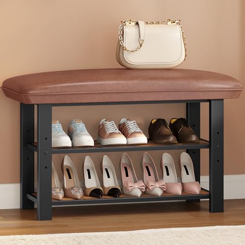Hzuaneri Schuhbank, Sitzbank, Schuhregal mit 2 Ebenen, Kunstleder, Mid-Century-Modern-Stil, 10 cm Dickes Kissen, bis 150 kg Belastbar, 35 x 85 x 50 cm, für Flur, Eingang, Vintagebraun SB45201B