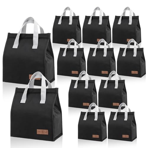 Nodaaiie 12 Pack Insulated Lunch Bags Bulk, Reusable Leakproof Lunch Tote with Aluminum Foil for Women Men, Large Lunch Box for Office, Work, Travel, Beach, Picnic, Black