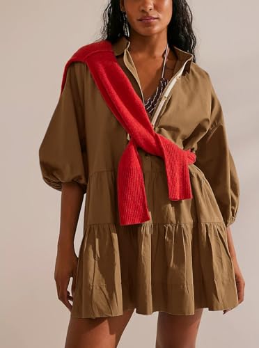 Image of chouyatou Women's Summer Puff Sleeve Tiered Tunic Babydoll Dress Cute Mini Button Down Shirt Dress