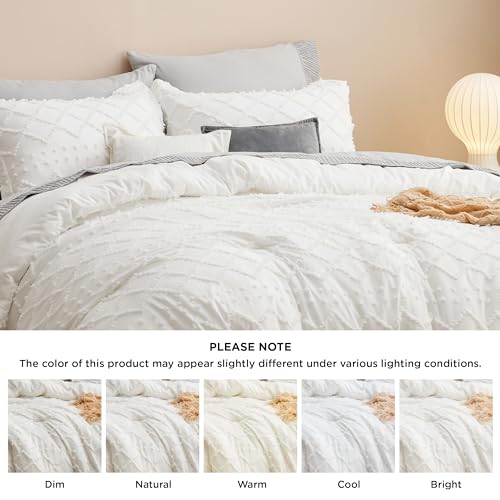 Image of Bedsure Queen Comforter Set - Ivory Comforter, Boho Tufted Distressed Vintage Bedding for Kids, 3 Pieces Farmhouse-Style Bed Set for All Seasons, Fluffy Soft Bedding with 2 Pillow Shams