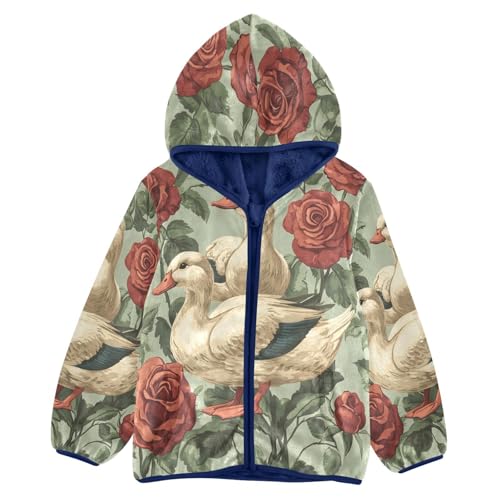 Ducks Among Roses Pattern Toddler Fleece Jacket Girl Boys Hooded Fleece Jacket Coat Warm Outwear Zip-up 3-10T