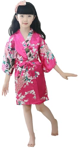EQIQU Kids Girl's Silky Satin Kimono Robe for Spa Wedding Birthday Party Child Children's Gifts Peacock Rose 10