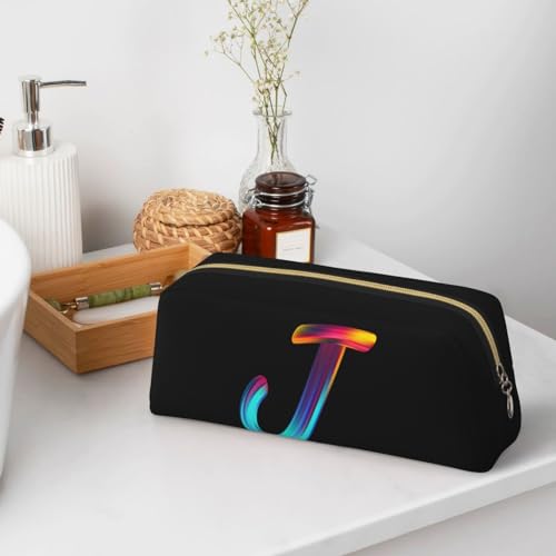 Image of Cute Initial Pencil Case for Kids Simple Leather Pencil Pouch for Boys Girls Letter Design Pencil Box Pen Bag Pencil Pouch Office Stationery Organizer, Rainbow Letter J