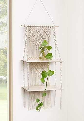 Afuly Macrame Wall Hanging Shelf Boho Floating Shelf, Handcraft Bohemian Decor, Cute 2 Tiers Woven Shelves for Bathroom Plants Picture Frame, Home Storage and Organizer