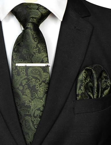 Image of JEMYGINS Mens Solid Color Paisley Necktie and Pocket Square with Tie Clip Sets