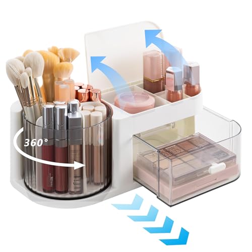 Moikiwi Makeup Organizer, 360-Degree Rotating Desk Organizers with Lid, Cosmetic Display Case with Drawer, Art Supply Storage Box Caddy for Office Desk, Vanity, Countertop, Bathroom, White