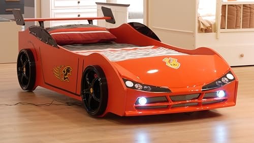 Woody Twin Race Car Bed, LED Lights, Spoiler