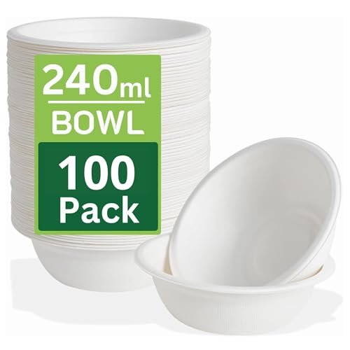 100 Pack Strong Paper Bowls 240ml - Small Disposable Compostable Bagasse Bowl for Dessert Party (4.5 x 1.77 inches) Biodegradable Microwavable Soup Bowls - Idea for Dessert Milk Salad Cereals