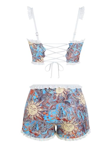 Image of ZAFUL Womens High Waisted Bikini Sets 2 Piece Plaid Ruffle Swimsuits Back Strap Top with High Waisted Shorts Bathing Suit