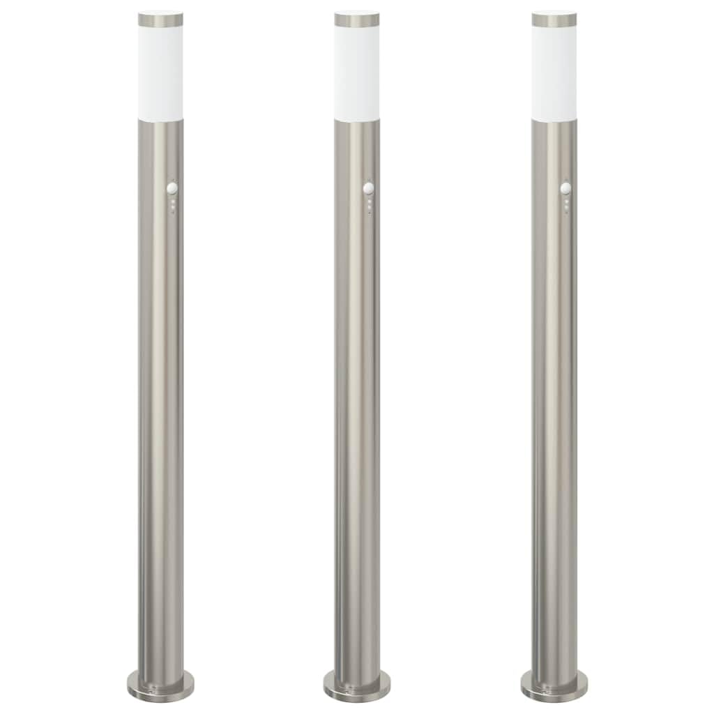 Set di 3 lampade a colonna con sensore in acciaio inox, altezza 110 cm, IP44, per esterni, terrazza, giardino, con sensore di movimento PIR e diffusore per un'illuminazione sicura del