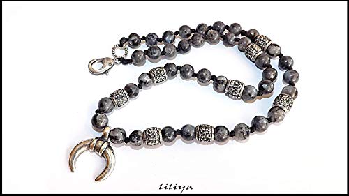 Men's Necklace With Half Moon Silver Pendant And Labradorite Gemstones - Men Neckless - Gift For Men - Mala Necklace - Men Jewelry #TOP5