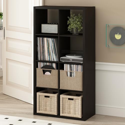 Image of Furinno Cubicle Record Player Stand, 8-Cube Record Storage, Dark Oak | Vinyl Storage, 1.2 inchInch Extra Thick, Open Back Media Shelf for CD DVD Bluray Game Disc, for Living Room, Home Office