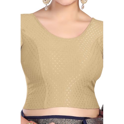 Image of FINESTFIT Round Neck Stretchable Elbow Sleeve Readymade Saree Blouse for Women, 100% Cotton Dobby Fabric
