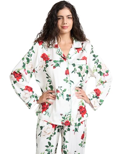 Image of YiNi LuLu Womens Silk Satin Pajamas Set Button Down 2 Piece Pjs Long Sleeve Oversized Sleepwear with Pockets