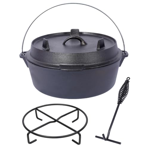 Pre-Seasoned Cast Iron Dutch Oven with Skillet Lid & Pot Rack, Camping Cookware for Campfire, BBQ, Grill, Baking,Outdoor Cooking Pot for Backyard, Garden, Hunting (12 QUART)