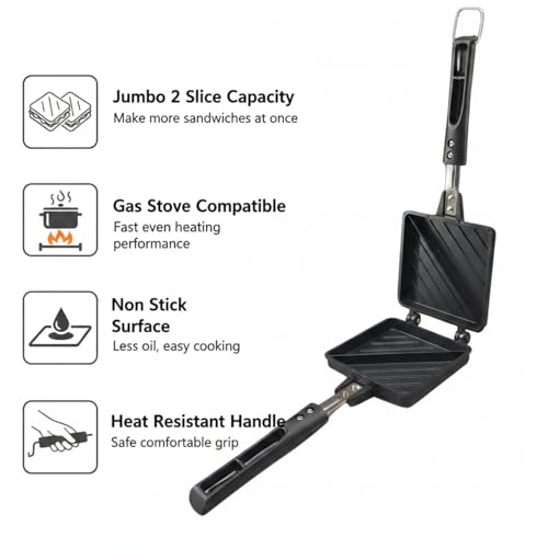 Image of Sandwich Maker for Gas Stove Non Stick | Jumbo 2 Slice Grill Sandwich Toaster | Crispy Toasted Bread Sandwich Maker | Heat Resistant Handle | Black (Jumbo 2-Cut Sandwich Toaster)