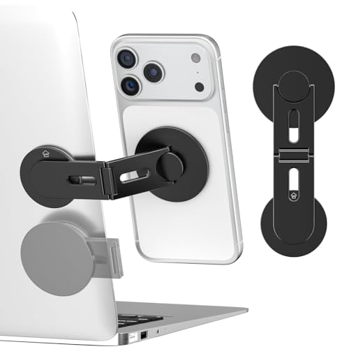 CloudValley Magnetic Phone Laptop Holder Mount Foldable Hidden Portable Stand for iPhone 17/16/15/14/13 & All Phone Clamp for Monitor Side Compatible with Laptop Desktop Tesla Model 3/ Y Black