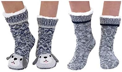 Jane & Bleecker Plushfill Lined Mid-Calf 2-Pairs Knit Slipper Socks Navy Dog & Grey