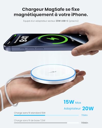 Chargeur Induction iphone avec Adaptateur Rapide 20W, Compatible avec Chargeur Magsafe iPhone 17 16 15 14 13 12/AirPods 4-2/Pro,Magnétique Chargeur Induction Fil à Recharge Rapide 15W avec Voyant LED – vue 3