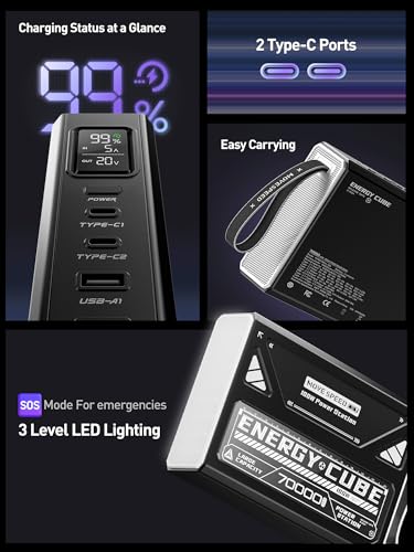 MOVE SPEED 2025 Upgrade Power Bank 70,000mAh 100W, Support 4 Outputs Fast Charging, External Battery Bank with Digital Display, Lighting and SOS Mode, USB-C Battery Packs for Laptop,iPhone,Camping - Thumbnail 5