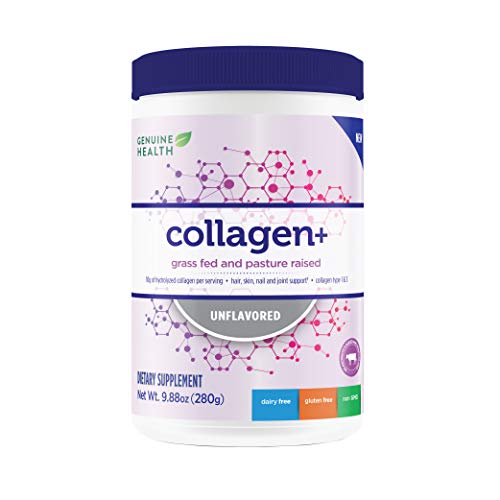 Genuine Health Collagen+, Unflavored Hydrolyzed Bovine Collagen Powder, Grass Fed, 9.88oz Tub