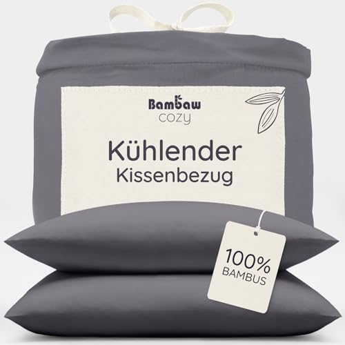 Bambaw Bambus Kopfkissenbezug 80x80 cm, 2-er Pack, 100% Bambusfasern, für Allergiker-Bettwäsche, antibakterielle und Anti Akne Kissenbezug, atmungsaktiver Kissenbezug kühlend 80x80 cm (Anthrazit)