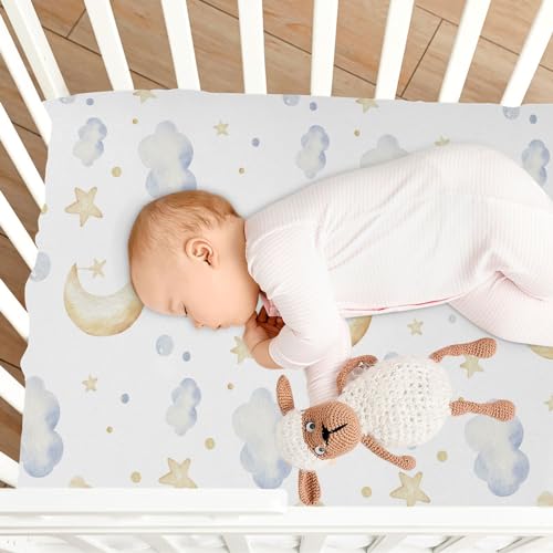 Image of CaTaKu Clouds Moon Stars Mini Crib Sheets for Girls Boys Baby Mattress Sheets Fitted, Soft Toddler Nursery Bed Sheets Neutral 28 inchx 52 inch