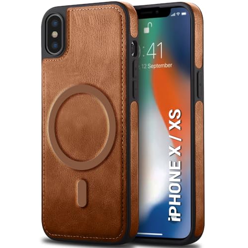 Image of TheGiftKart Genuine Leather Finish Back Cover Case for iPhone X /XS | Shockproof Design | Raised Edges for Camera & Screen Protection | Stunning Minimalist Design Cover (MagSafe Compatible, Brown)