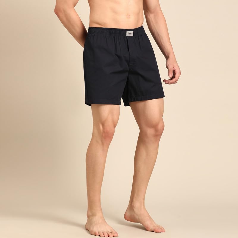 Image of Pepe Jeans Men's Solid 100% Cotton Regular Fit Long Boxer Shorts | Classic Comfortable Innerwear Long Boxer for Everyday & Lounge Wear | Soft Breathable Fabric | Elastic Waistband | All-Day Comfort