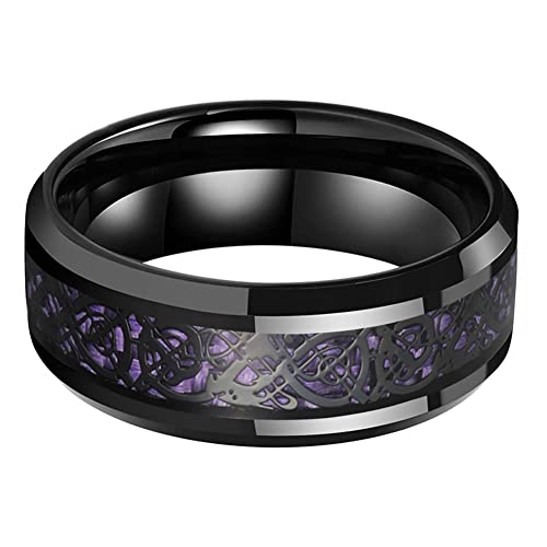 Tutiss 8Mm Purple Carbon Fiber Celtic Dragon Inlay Black Tungsten Rings For Men Women Wedding Bands Beveled Edges Comfort Fit Size 10.5 #TOP1