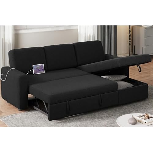 Yaheetech Sectional Sofa L-Shaped Sofa Couch Bed w/Chaise & USB, Reversible Couch Sleeper w/Pull Out Bed & Storage Space, 4-seat Fabric Convertible Sofa, Pull Out Couch for Living Room Black