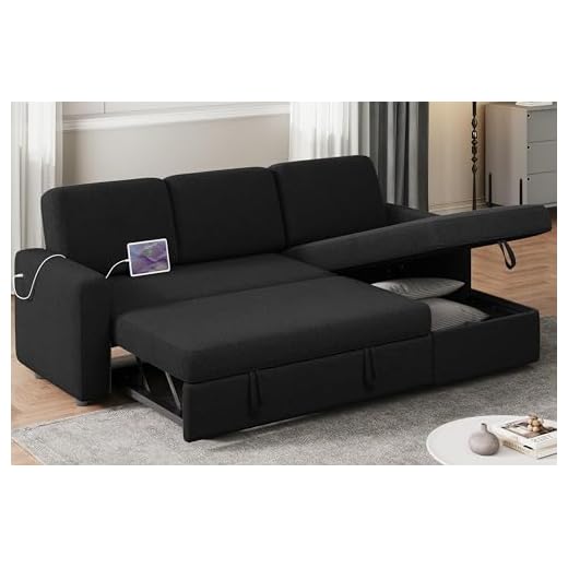 Yaheetech Sectional Sofa L-Shaped Sofa Couch Bed w/Chaise & USB, Reversible Couch Sleeper w/Pull Out Bed & Storage Space, 4-seat Fabric Convertible Sofa, Pull Out Couch for Living Room Black