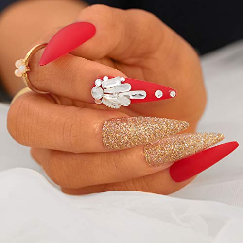 ELABEST Glitter Matte False Nails 3D Rhinestone Press on Nails Acrylic Long Stiletto Full Cover Fake Nails Party Nail Tips for Women and Girls (3D Matte)
