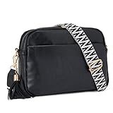 Vividora PU Leder Crossbody Bag Damen,Moderne Mittelgroß Umhängetasche Handtasche mit Abnehmbar Breitem Schultergurt Handytasche Zum Umhängen Schwarz