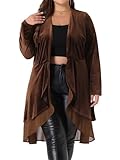 Agnes Orinda Plus Size Cardigan for Women Ruffled Asymmetric Open Front Long Velvet Jackets 4X Brown
