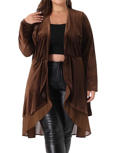 Image of Agnes Orinda Women Plus Size Ruffled Asymmetric Long Velvet Cardigan Jacket | Chiffon Ruffle Splicing Open Front Long Sleeve Irregular Hem Casual Jackets