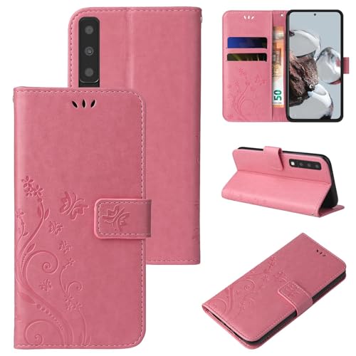 LBH Handy Hülle für Samsung Galaxy A7 (2018) Case Handytasche Schmetterling Blumen Flower Standfunktion Schutzhülle Magnet Rundum Schutz 360 Grad Flipcase Cover Rosegold