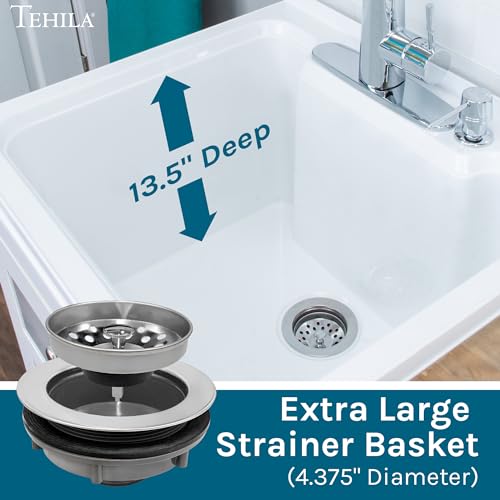 Image of Utility Sink with White Vanity Cabinet by JS Jackson Supplies, Chrome High-Arc Pull-Down Sprayer Faucet, Soap Dispenser and Spacious Vanity for Laundry Room
