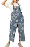 chouyatou Women 2025 Baggy Floral Denim Bib Overalls Jeans Casual Distressed Wide Leg Overall Jumptuis (Large, Blue)