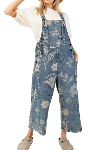 chouyatou Women 2025 Baggy Floral Denim Bib Overalls Jeans Casual Distressed Wide Leg Overall Jumptuis (Large, Blue)