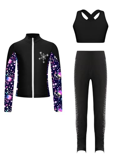 Kids Girls 3Pcs Gym Workout Outfits Sleeveless Crop Top Athletic Leggings and Long Sleeve Full Zipper Jacket Outwear