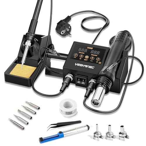 YEEHONEC 600W 2 in 1 Lötstation, Lötkolben + Heißluftpistole, LED-Anzeige, einstellbare Temperatur 100-500°C, °C/°F-Umrechnung, Temperaturkalibrierung und Sleep-Funktion