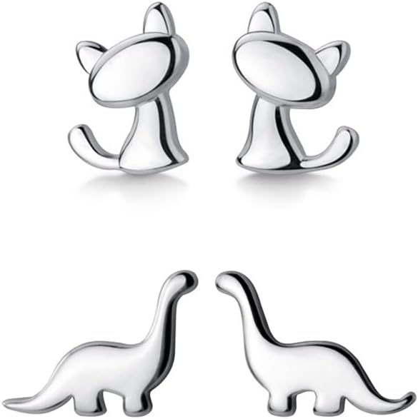 Cute Animals Stud Earrings for Women Girls Teens S925 Sterling Silver Lovely Dinosaur Cat Statement Earring Studs Fashion Chic Cartilage Jewelry Gifts Birthday Pet Lover Hypoallergenic 2 Pairs