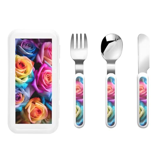 Rainbow Roses Print Stainless Knife Fork Spoon 3-Piece Set,Flatware Cutlery Set with Storage Case