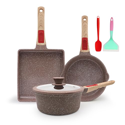 AIKENBBKK Ensemble de Casseroles et Poêles en Céramique 6 Pièces, Poêles à Frire 20cm avec Couvercle, Casserole 20cm, Poêle Tamagoyaki Grande, avec Poignée Amovible, Sans PFOA