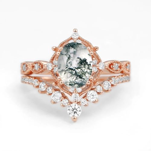 1.5 CT Oval Cut Gemstone Ring Set Moss Agate Opal Alexandrite Black Rutilated Quartz with Moissanite Engagement Rings for Women S925 10K 14K 18K Gold Wedding Bridal Set Promise for Her Free Engraving4