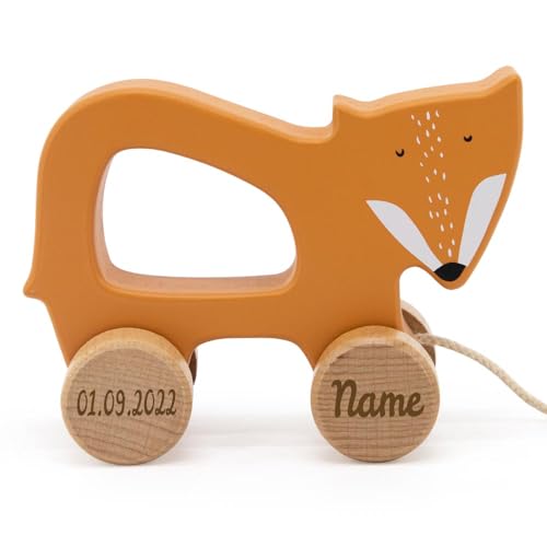 Trixie Nachziehtier Holz PERSONALISIERT mit Name und Datum graviert Motorikspielzeug Schiebetier Fuchs