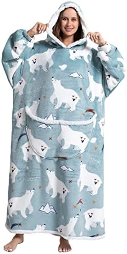 Oversized Blanket Hoodie 55 Inch Extra Long Soft Wearable Blanket with Sleeves and Large Front Pocket Winter Warm Sweatshirt Blanket Comfortable Cozy Blanket for Adult Men Women(white bear)
