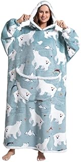 Oversized Blanket Hoodie 55 Inch Extra Long Soft Wearable Blanket with Sleeves and Large Front Pocket Winter Warm Sweatshirt Blanket Comfortable Cozy Blanket for Adult Men Women(white bear)